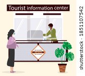 Vector illustration Reopening of Visitor Center after coronavirus Specialist in Tourist Information Center in protective medical mask and gloves provides services to the tourist. COVID free New normal