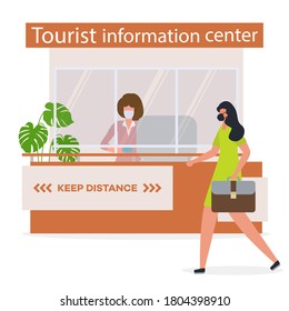 Vector illustration Reopening of Visitor Center after coronavirus Specialist in Tourist Information Center in protective medical mask and gloves provides services to the tourist. COVID free New normal