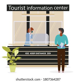 Vector illustration Reopening of Visitor Center after coronavirus Specialist in Tourist Information Center in protective medical mask and gloves provides services to the tourist. COVID free New normal