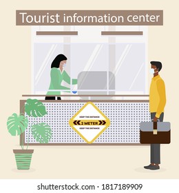 Vektorgrafik Wiedereröffnung des Besucherzentrums nach coronavirus Spezialist in Tourist Information Center in Schutzmaske und Handschuhe bietet Dienstleistungen für den Touristen. COVID-frei Neuer Normalwert