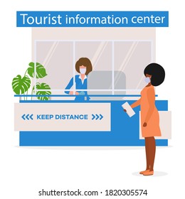 Vector illustration Reopening of Visitor Center after coronavirus Specialist in Tourist Information Center in protective medical mask and gloves provides services to the tourist. COVID free New normal