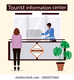 Vector illustration Reopening of Visitor Center after coronavirus Specialist in Tourist Information Center in protective medical mask and gloves provides services to the tourist. COVID free New normal