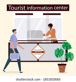 Vector illustration Reopening of Visitor Center after coronavirus Specialist in Tourist Information Center in protective medical mask and gloves provides services to the tourist. COVID free New normal