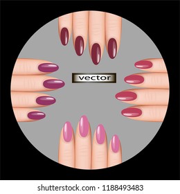 Vector illustration of a repainted nail Polish palette presented in the form of a hand with an elegant manicure of different colors