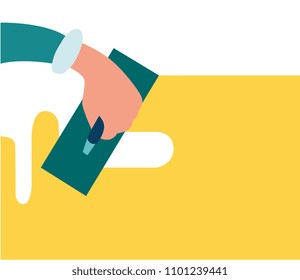 Vector illustration, repair in appartment, hands worker hold repair tool, repair wall. Concept banner or illustration