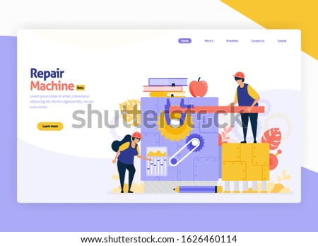 Vector illustration for repair and development of industrial manufacturing machinery. Jobs for maintenance and operation machines. For web, website, landing page, mobile app, banner, flyer, brochure