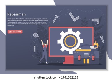 Vector illustration Repair and installation service with landing page concept. Repairman, engineers, technicians. Worker customer service. service concept for banner, website design, or web page