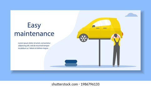 Vector illustration Repair, service, maintenance of electric car. Green energy. New transport eco technologies. ECO friendly. Environmental Protection. Zero emission. Design for web, print