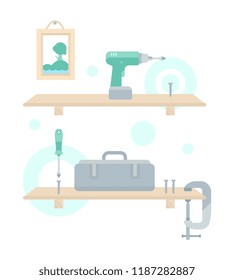 The vector illustration of the repair of the shelf in flat style. The electrical green Screwdriver, the Screw gun and the tool box on a white background.