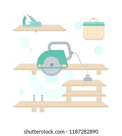 The vector illustration of the repair of shelf in flat style. The electrical green circular saw and the plane on a white background.