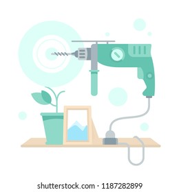 The vector illustration of the repair of the shelf in flat style. The electrical green Drill on a white background.