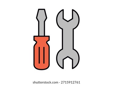 Ilustración vectorial de herramientas de reparación: destornillador y llave, estilo de icono plano.