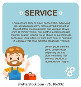 Vector illustration of repairman character with some text that can be use for banner, poster, or information graphic.