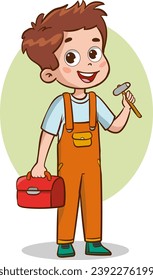 vector illustration of a repairman kid holding a toolbox and a hammer