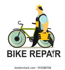 Vector illustration of a repairman working on a white background is a tool box to fix the bike