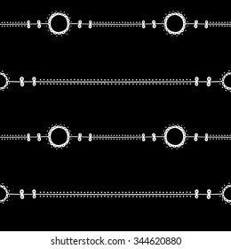 vector illustration repeat pattern of hand drawn flower motifs arranged on horizontal lines, with white petals on black background
