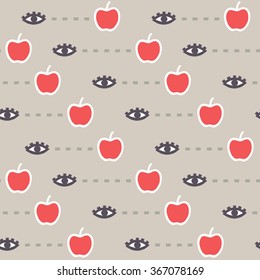 vector illustration repeat pattern of rows of eyes looking at red apples, on gray background