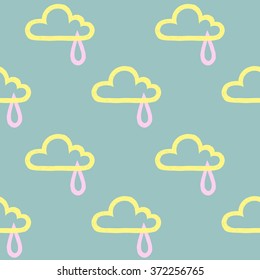 vector illustration repeat pattern of yellow clouds and lila  raindrops, on turquoise background