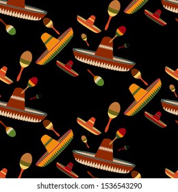 Vector illustration repeating ethnic traditional pattern with colorful mexican hats and maracas isotated on black background