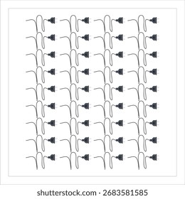 Ilustração vetorial de um padrão de grade repetitivo com plugues elétricos Europlug (Tipo C) em cinza escuro, cada um conectado com um cabo preto fino curvando em formas de onda.