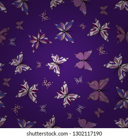Vector illustration. Repeating insect fabric artwork for wallpaper. Pretty seamless butterfly cloth texture with blotter on black, white and violet. Spring butterfly cute theme.