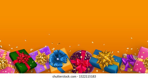 Vector illustration of repeating multicolored gift boxes with ribbons, bows and shadows, and small shiny pieces of serpentine on orange background