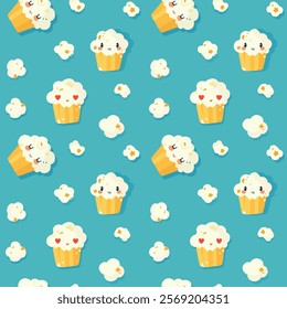 Vector illustration of a repeating pattern with adorable popcorn faces in yellow containers, scattered popcorn, and a minimalist blue background. Ideal for  products, food packaging, or textile design