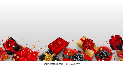 Vector illustration of repeating red, black and golden gift boxes with ribbons, bows and shadows, and small shiny pieces of serpentine on white background