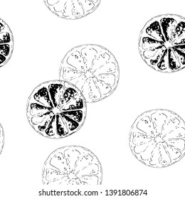 Vector illustration. A repeating seamless pattern. Graphic image of fruit slices. Silhouette of round pieces of citrus. Isolated objects on white background.