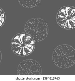 Vector illustration. A repeating seamless pattern. Graphic image of fruit slices. Silhouette of round pieces of citrus. Isolated objects on dark background.