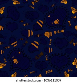 Vector illustration. Repeating texture. Seamless hearts pattern. Cute black, orange and brown colors elements. Valentine':s Day card seamless background pattern heart.