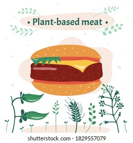 Vector illustration. Replacing animal meat to plant-based is a rational use of land resources.