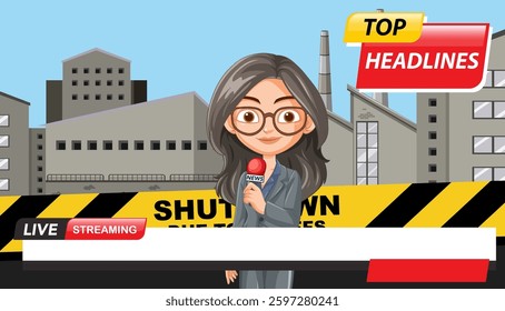 Vector illustration of a reporter broadcasting live from an industrial site. Features bold colors and a modern design