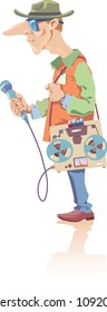 Vector illustration of the reporter with the retro-style tape recorder and the microphone in  his hand.