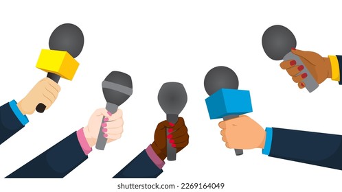 Vector illustration of reporters holding microphones isolated on white background. Journalist in a press conference concept