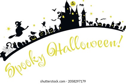 Vector illustration represending spooky objects for Halloween on an archech horizon. Black and yellow art design. Contains: pumpkins, cats, witch, graveyard, crows, castle, bats, stars, moon.