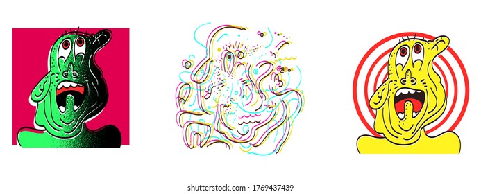 Vector illustration, representation of fear, two screaming people and abstract motif in center in vivid colours on a white background