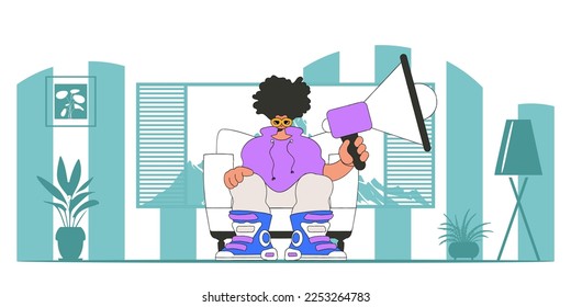 Vector illustration of a representative of the personnel department. Stylish man sits in a chair and holds a megaphone.