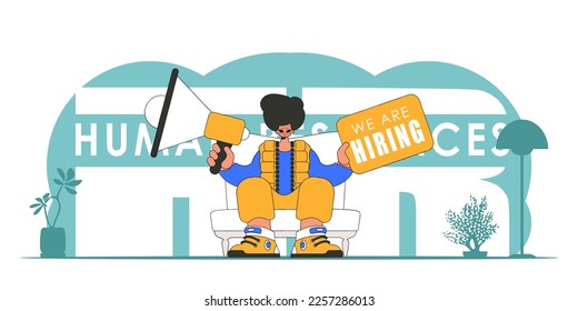 Vector illustration of a representative of the personnel department. A young man sits in a chair and holds a megaphone in his hand.