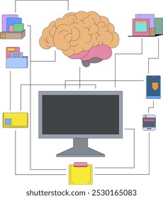 A vector illustration representing artificial intelligence integrated into a computer system to assist with various work tasks.
