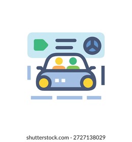 Ilustración vectorial que representa la tecnología de conducción autónoma con un automóvil que navega a través de una interfaz futurista y un estilo de diseño plano.