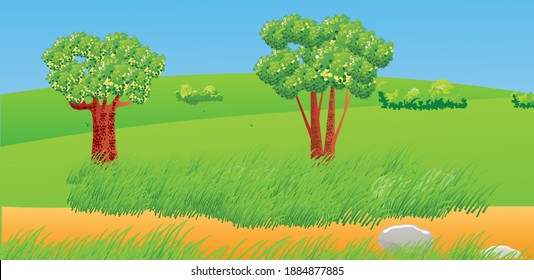 Vector illustration representing a beautiful landscape with country road, grass and trees.