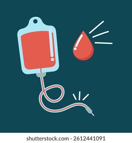 Vector illustration representing a blood bag delivering a drop of blood, useful for healthcare and science projects