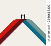 Vector illustration representing a business handshake, a successful deal, partnership, merger, acquisition, or agreement. Two men meet and shake hands at the peak of a red and blue bridge