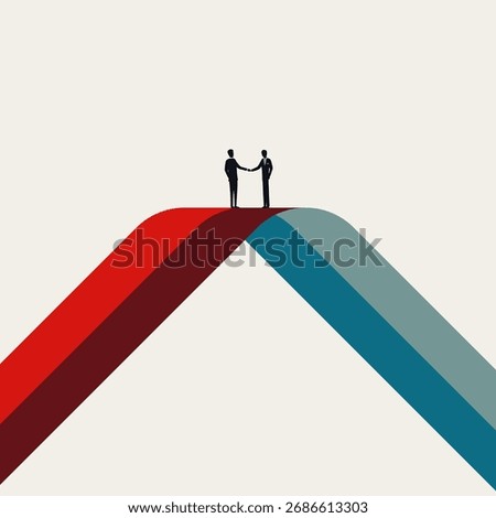 Vector illustration representing a business handshake, a successful deal, partnership, merger, acquisition, or agreement. Two men meet and shake hands at the peak of a red and blue bridge