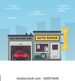 Vector Illustration representing Car service and repair building or garage.