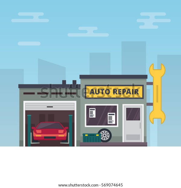 自動車のサービスと修理用の建物やガレージを表すベクターイラスト のベクター画像素材 ロイヤリティフリー