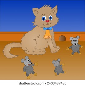 Vector illustration representing a comic situation of a cute kitten with a bell on his neck and three naughty mice around. Vector illustration hand drawn style.