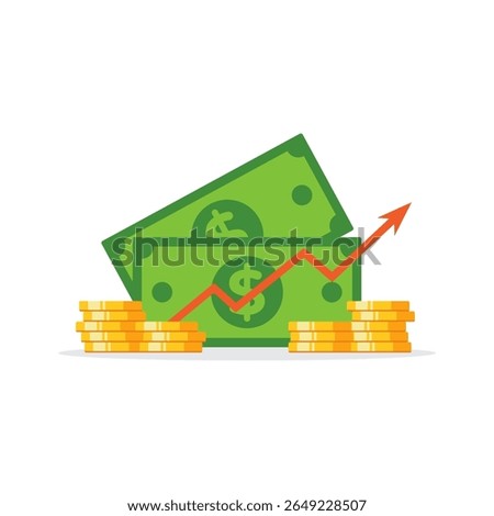 vector Illustration of representing economic growth featuring cash, coins, and an ascending red arrow symbolizing success and prosperity.