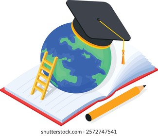 A vector illustration representing education and global learning. Features a globe wearing a graduation cap, set atop an open book with a pencil and ladder symbolizing e-learning, and study-abroad.